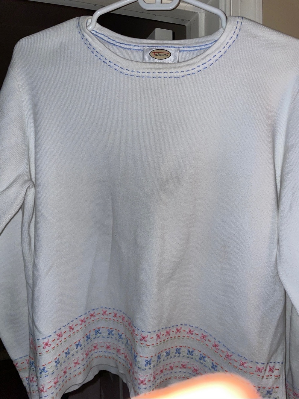 Talbots White Crewneck Sweatshirt with Blue and Pink Hem Embroidery